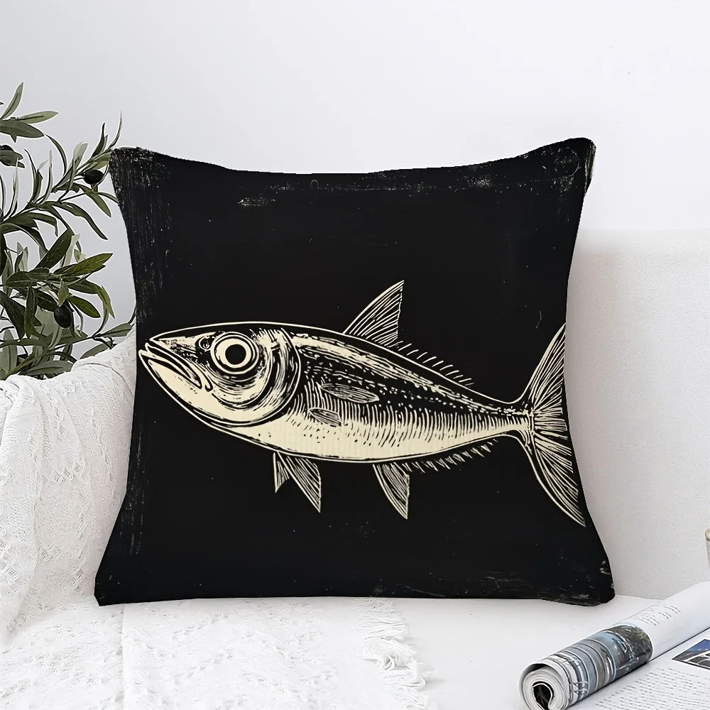 Danish Woodcut Sardine Fish Pillow Cover Black Cream Linocut Print 18x18 Inch Square Nordic Home Decor