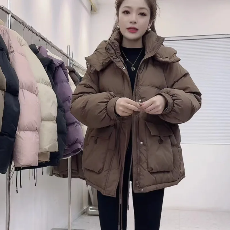 Chaqueta corta con capucha y cordón grueso para mujer, abrigo de plumón de pato blanco con bolsillos y cremallera, chaqueta a prueba de viento, ropa de invierno, chaqueta cálida