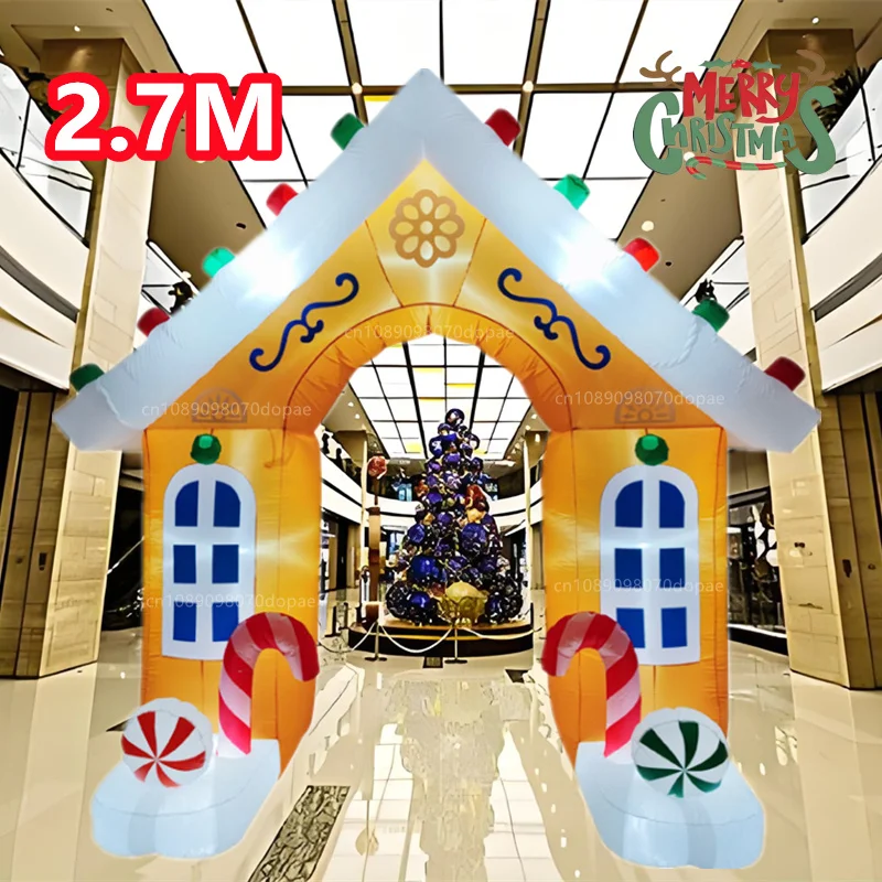 2.7M/9FT Christmas Inflatable Candy House Arch Built-in LED Light Indoor Outdoor Ornament Garden Fun Holiday Party Decorate Prop