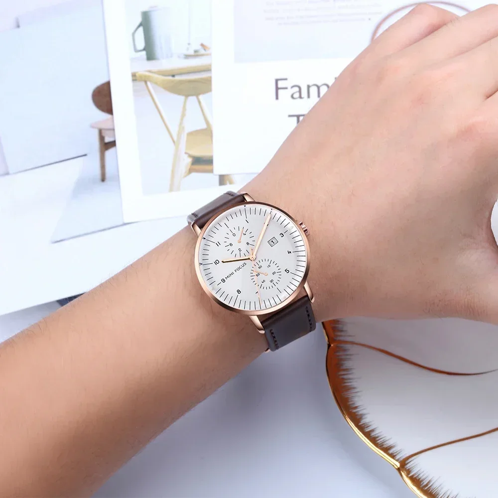 MINI FOCUS 0052G Mens Casual Fashion Genuine Leather Male Wristwatch New Waterproof Clock Men Watch Luxury Quartz Watches