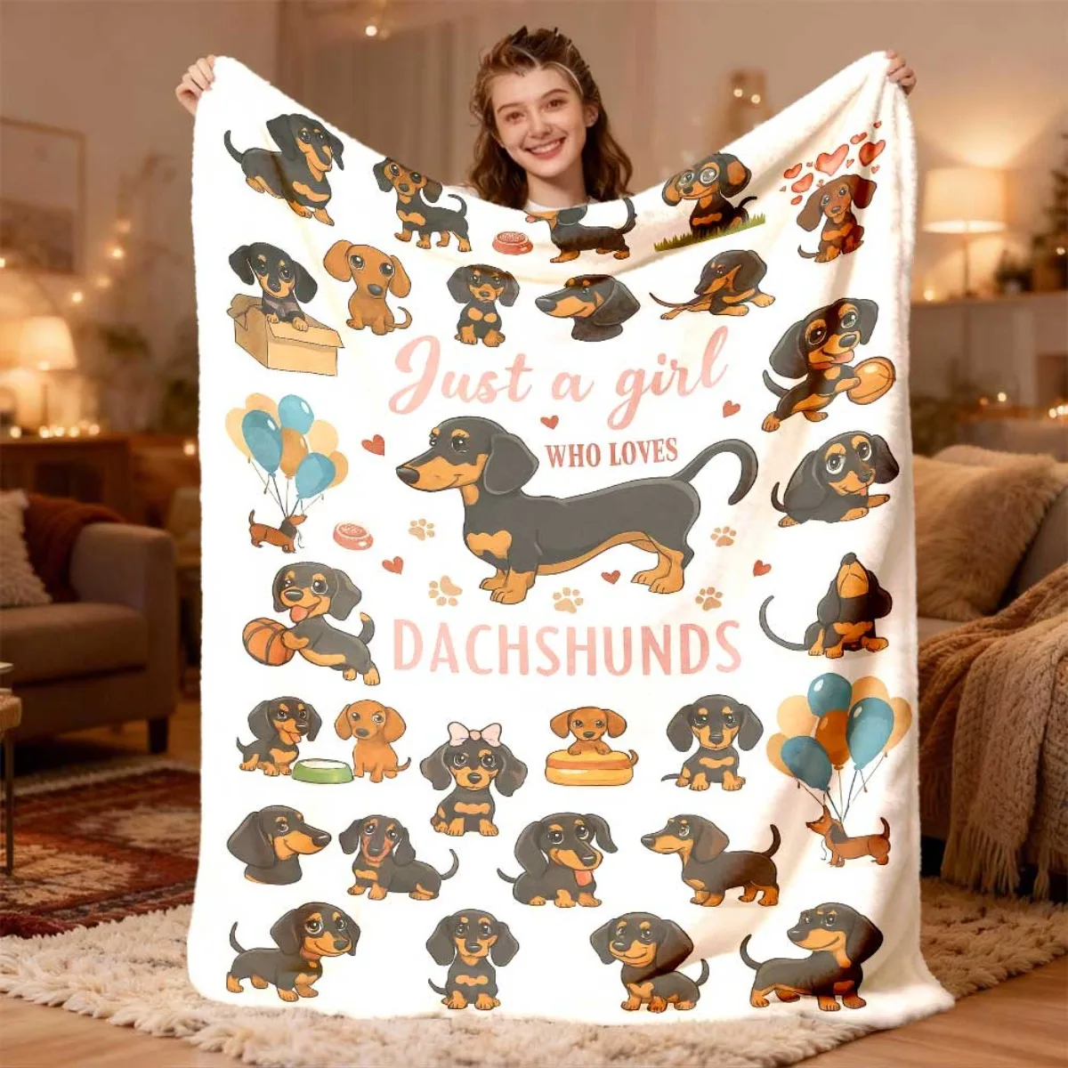 Cartoon Sausage Dog Flannel Throw Blanket Just A Girl Loves Dachshunds Soft Warm Blanket for Couch Bed Home Decor Gift Ideas Now