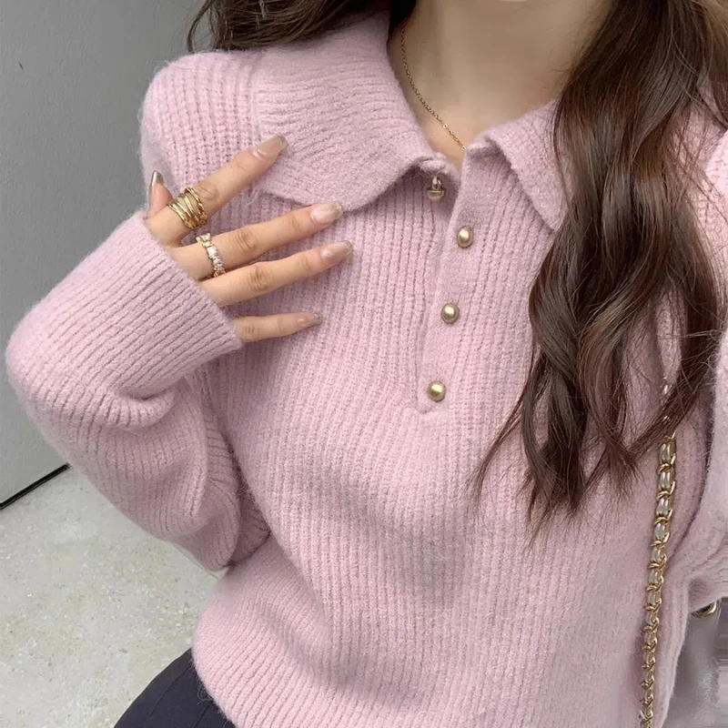 Autumn Winter New Fashion Turn-down Collar Long Sleeve Solid Color Pullovers Women\'s Clothing Button Patchwork Knitting Sweaters