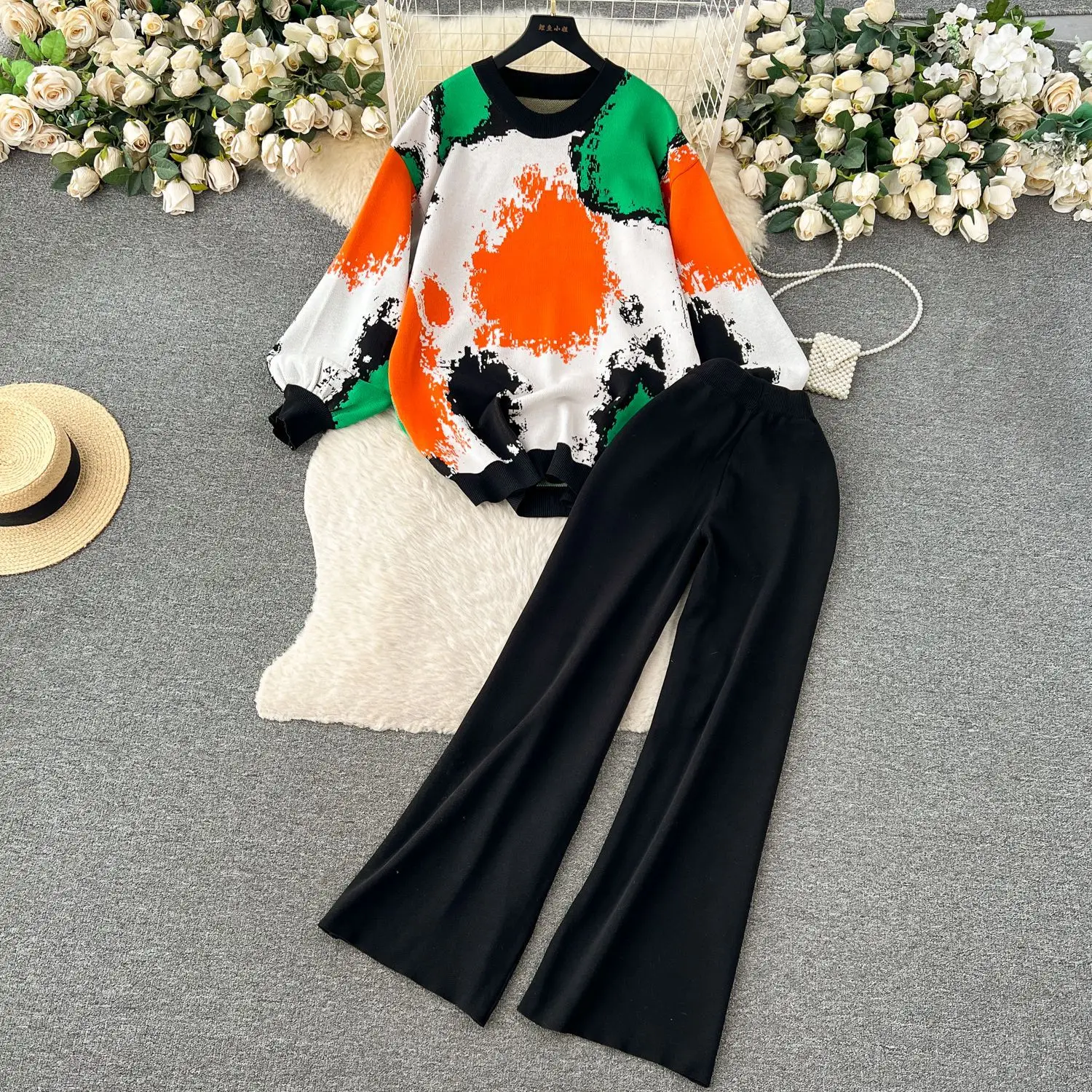 Autumn Knitted Conjuntos Fashion Jacquard Lantern Sleeve Pullover + High Waist Wide Leg Pants Outfit Korean Womens Sweater Sets