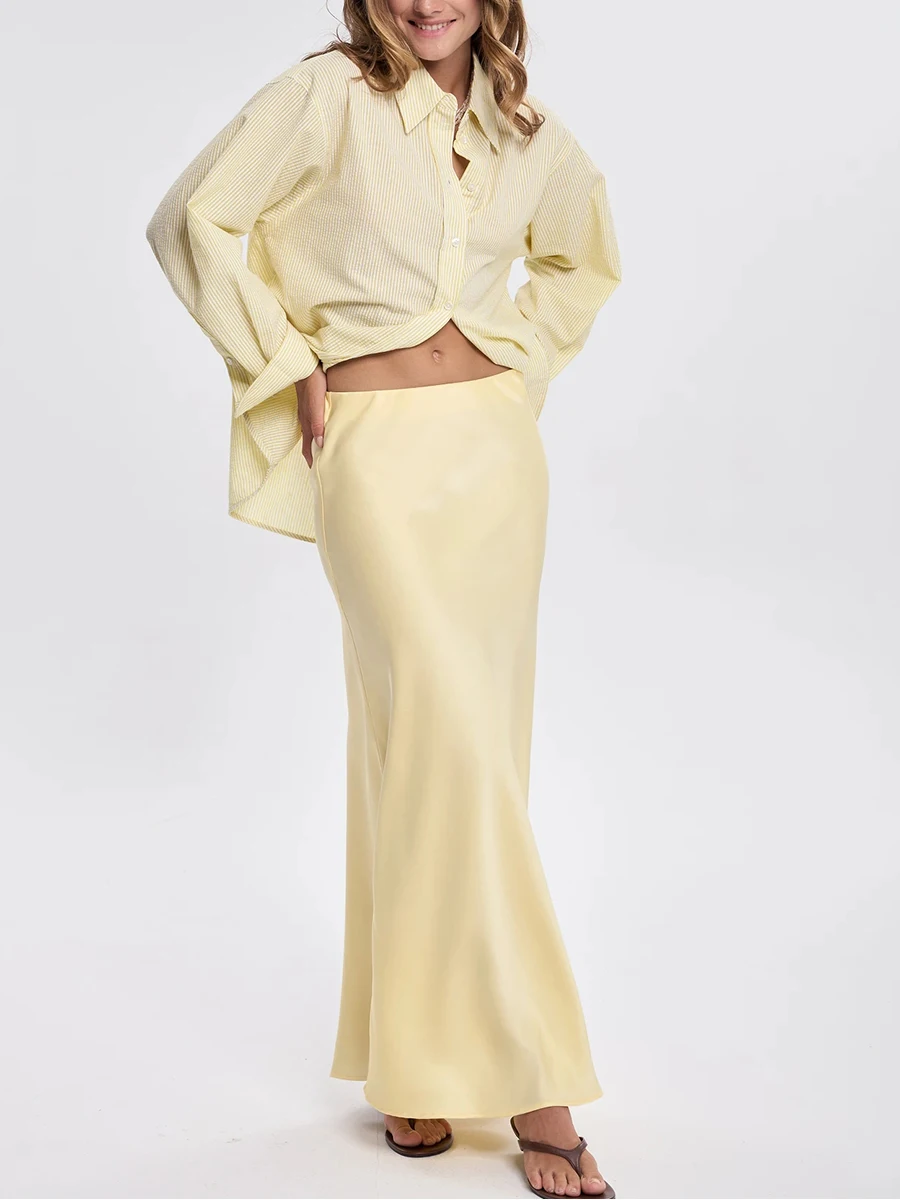 

2025 Summer Commuter High-end Slim A-line Drape Skirt Women's Fashion Satin Texture Low-waist Skirt