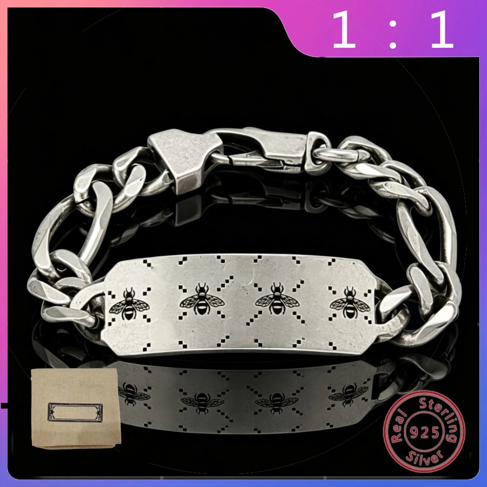 

Новый модный винтажный браслет из серебра S925 с пчелиным узором, квадратный, универсальный, для повседневной носки, 2026 год