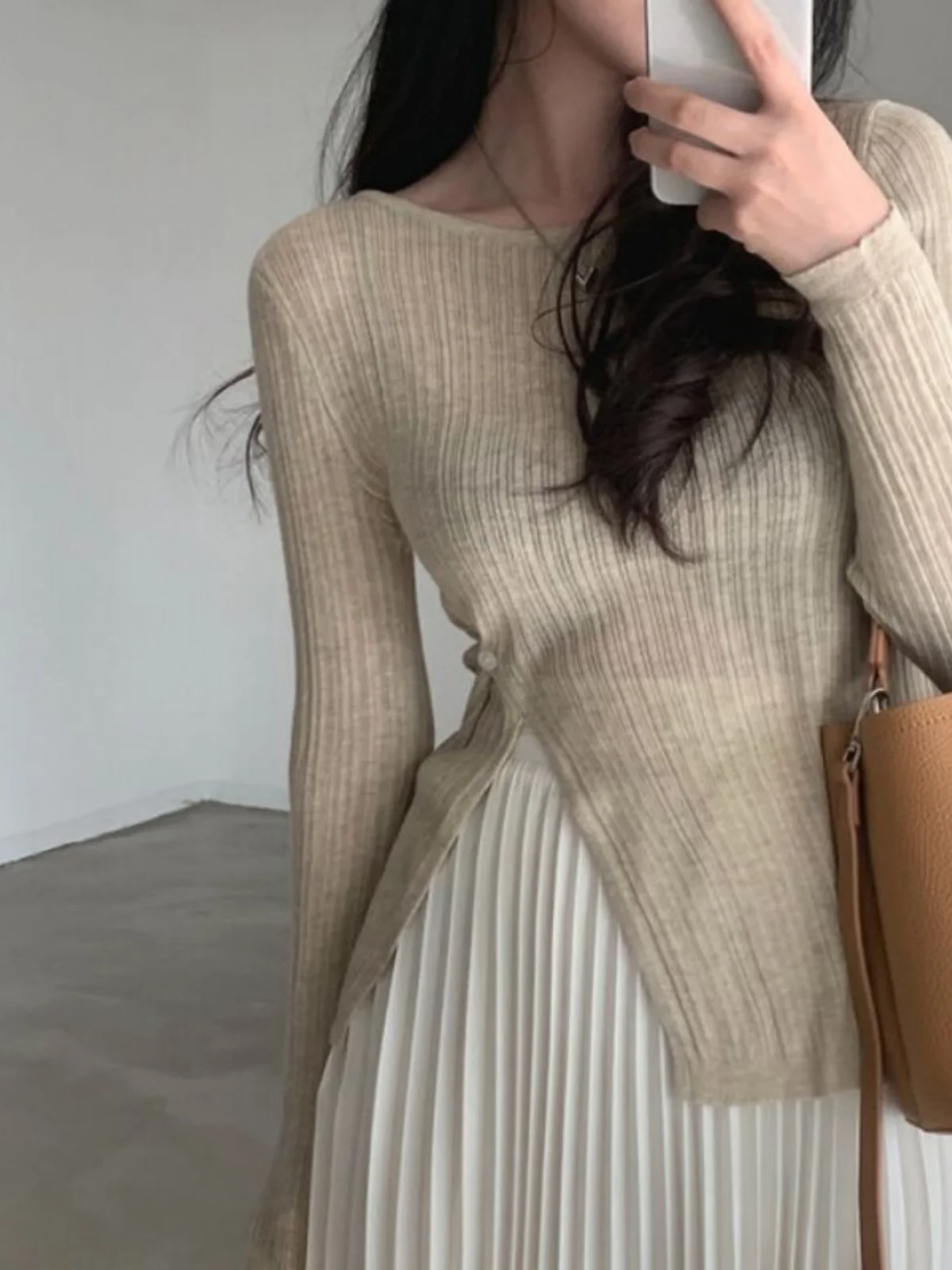 

Slim Fit Long Sve Knitted Top Korean Sle Waist Cinched Trendy Cardigan Color Women's Faion Spring Autumn New Arrival