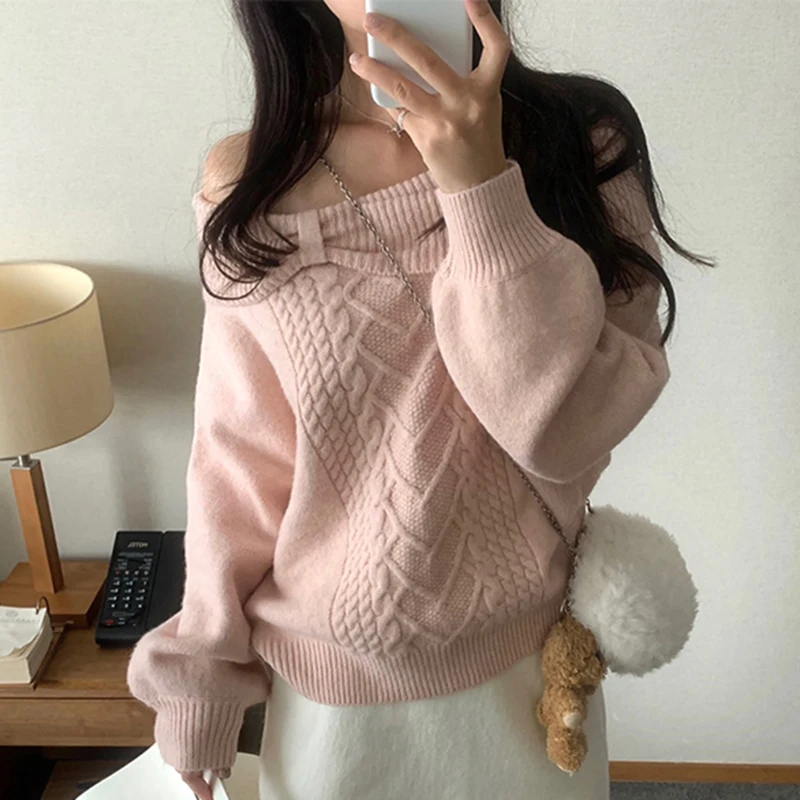 

Off Shoulder Pink Sweater Women Fashion Sexy Slash Neck Knitted Pullovers Korean Sweet Knitwears Winter Long Sleeve Jumpers New