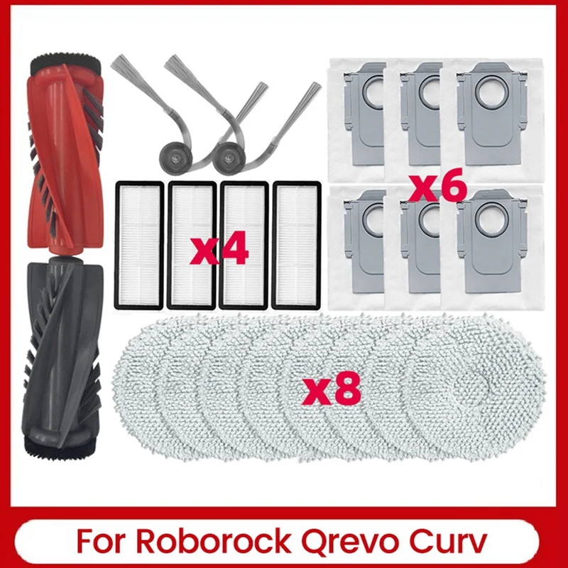 

Y42A-22PCS For Roborock Qrevo Curv Robot Vacuum Cleaner Parts Dual Main Brush Side Brush Filter Mop Cloth Dust Bag