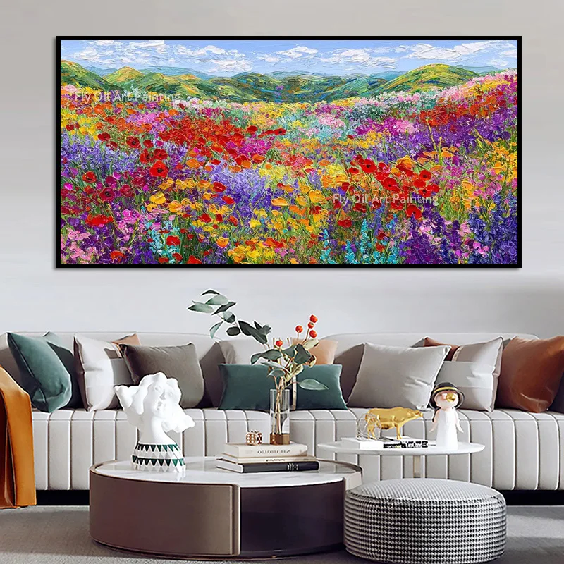 Original Hand‑Painted Colorful Floral Canvas Art, Heavy Texture Wild Poppy Oil Painting, Bright Farmhouse Living Room Wall Decor