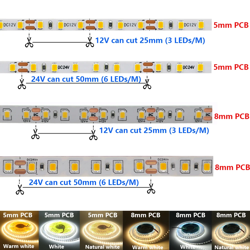 5M 10M LED Strip Light 12V 24V Flexible Adhesive Tape Bright 2835 120LEDs/M 5mm 8mm PCB 13 Colors Home Decoration Not Waterproof