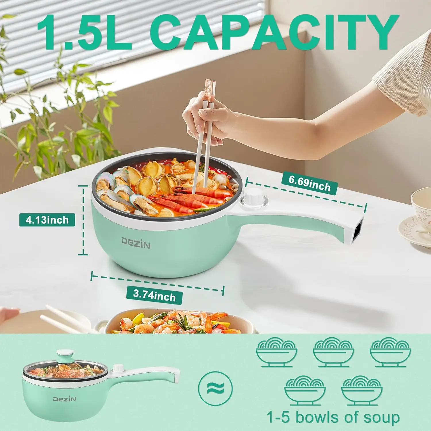 Hot Pot Electric Upgraded, Non-Stick Sauté Pan, Rapid Noodles Electric Pot, 1.5L Mini Portable Hot Pot for Steak, Egg, Fried Ric view 3