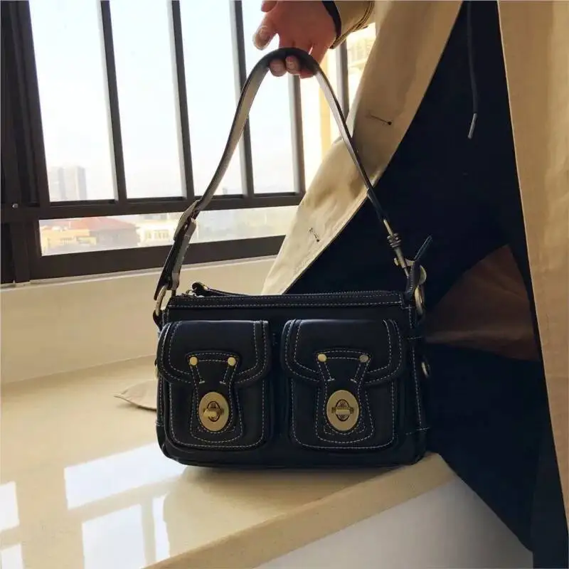 Bloom Vintage Moto Biker Black Shoulder Bags Women Retro High Street Leather Chic Pocket Underarm Bag Ladies Y2k Handbag Purse