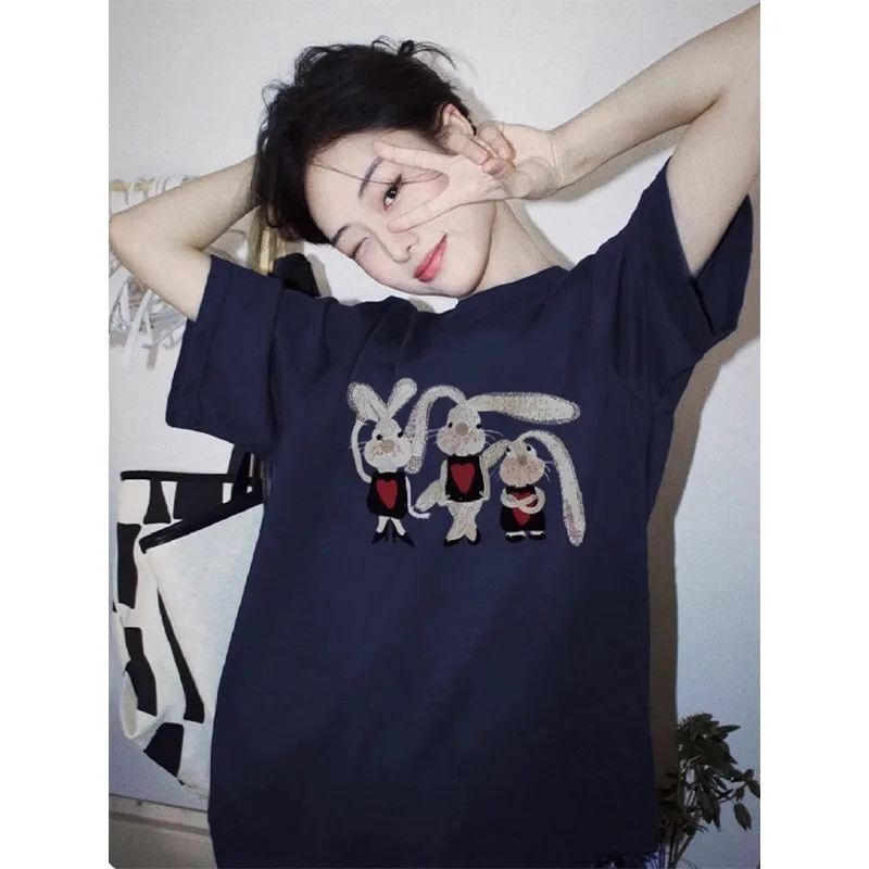 

Women's T-shirt Chic Summer Short Sleeves Oversized Top with Bunny Pattern Casual Niche Solid Clothing Casual Clothes Costume