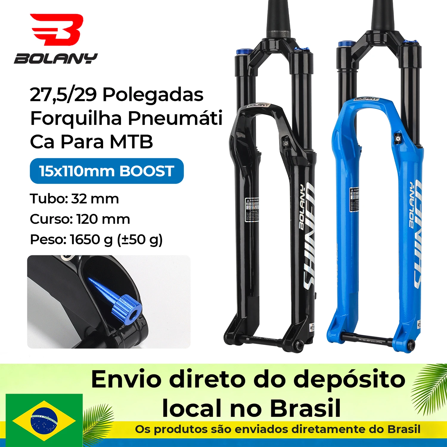 BOLANY Forquilha de suspensão pneumática para MTB de 26/27,5/29 polegadas, com perfil cônico, ajuste de rebote, 15x110 mm Boost