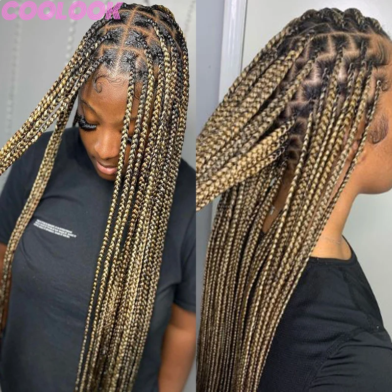 

Ombre Blonde Full Lace Front Braided Wigs for Black Women 36 Inch Durable Large Square Braids Wig Synthetic Lace Front Braid Wig