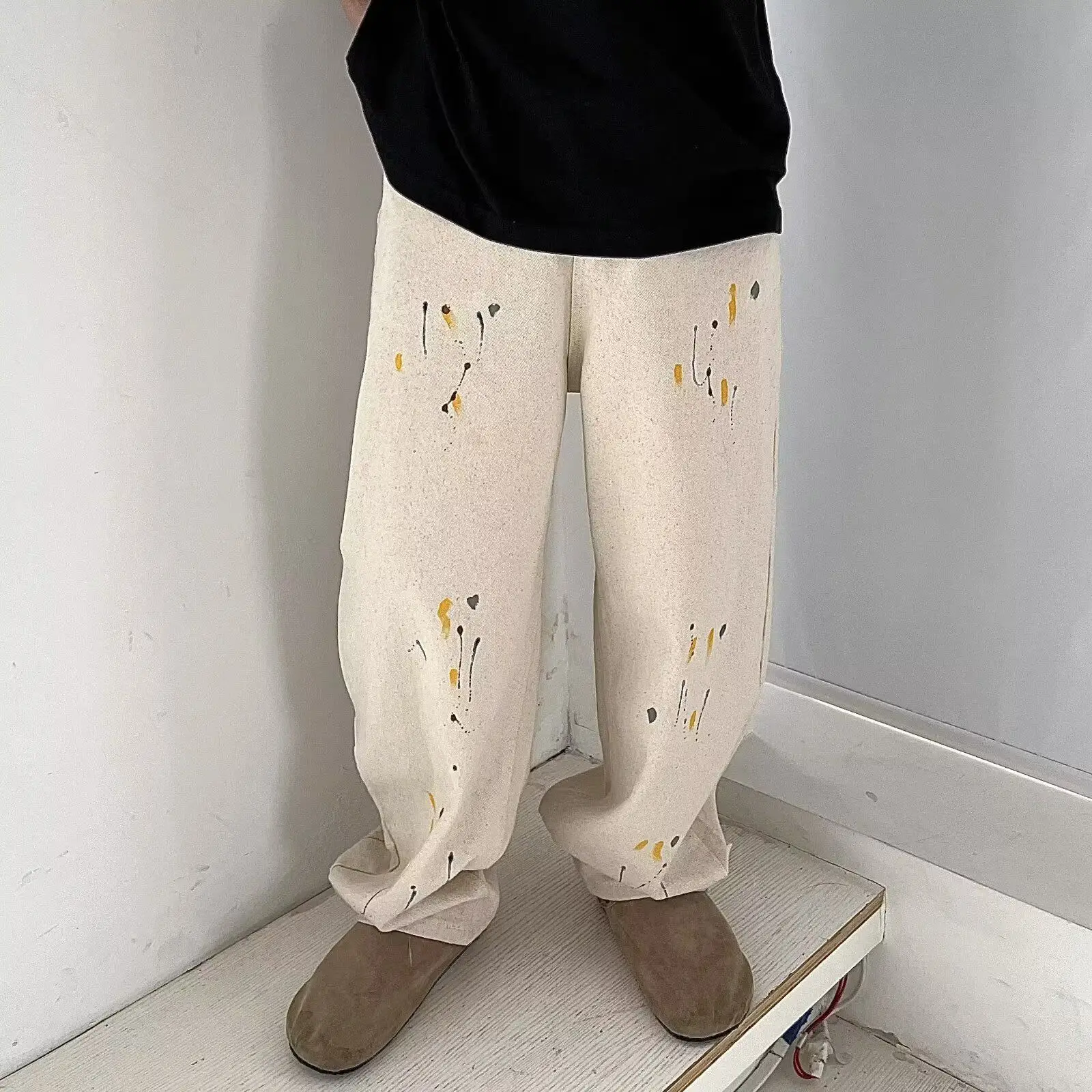 Men's Splashing Ink Design Retro Thin Jeans Summer Street Boy Casual Sweatpants Cowboy Pants Male High Waist Denim Trousers
