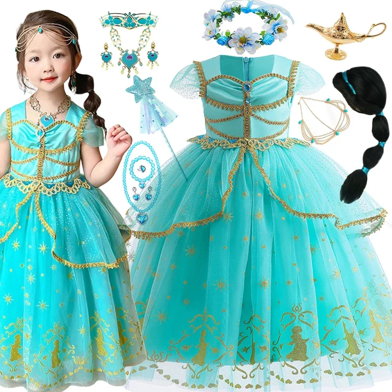 Jasmine Dress Girl Live Action Movie Aladdin Princess Cosplay Costume Deluxe Lace Sequin Fluffy Gown Kids Birthday Party Outf&J1