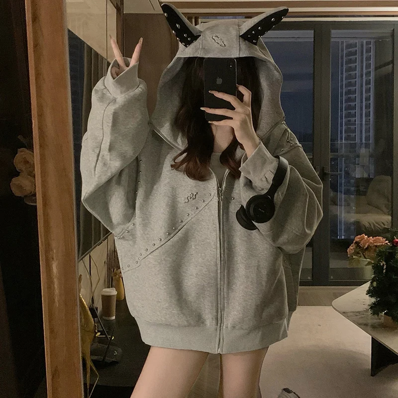 

Rivet splicing dog ear hooded sweatshirt for autumn and winter couples, casual loose and warm retro design jacket top, 2025
