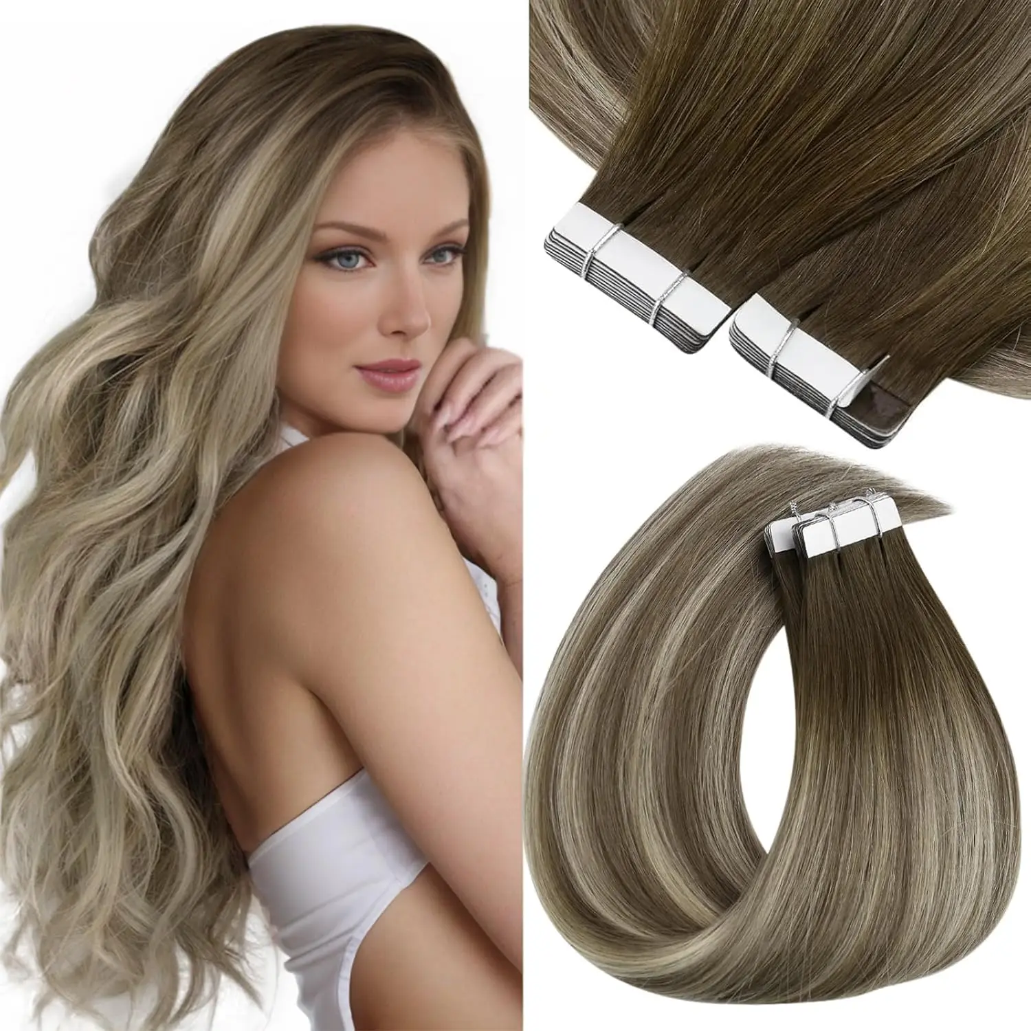 وصلات شعر Sunny Tape in Hair Extensions شعر بشري بني Balayage بني بارد يتلاشى إلى بني رمادي مع وصلات شعر أشقر طويلة