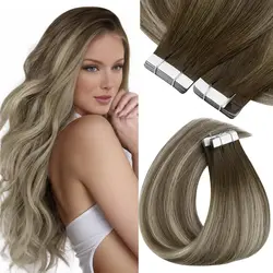 VeSunny Tape in Hair Extensions Human Hair Brown Balayage Cool Brown Fading to Ash Brown with Blonde Long Hair Extensions