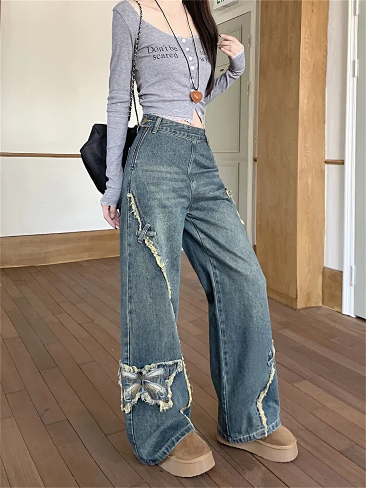 

Women's Side Zipper High Waisted Butterfly Embroidery Jeans Wide Leg Streetwear Girl Vintage Trouser Female Casual Denim Pants