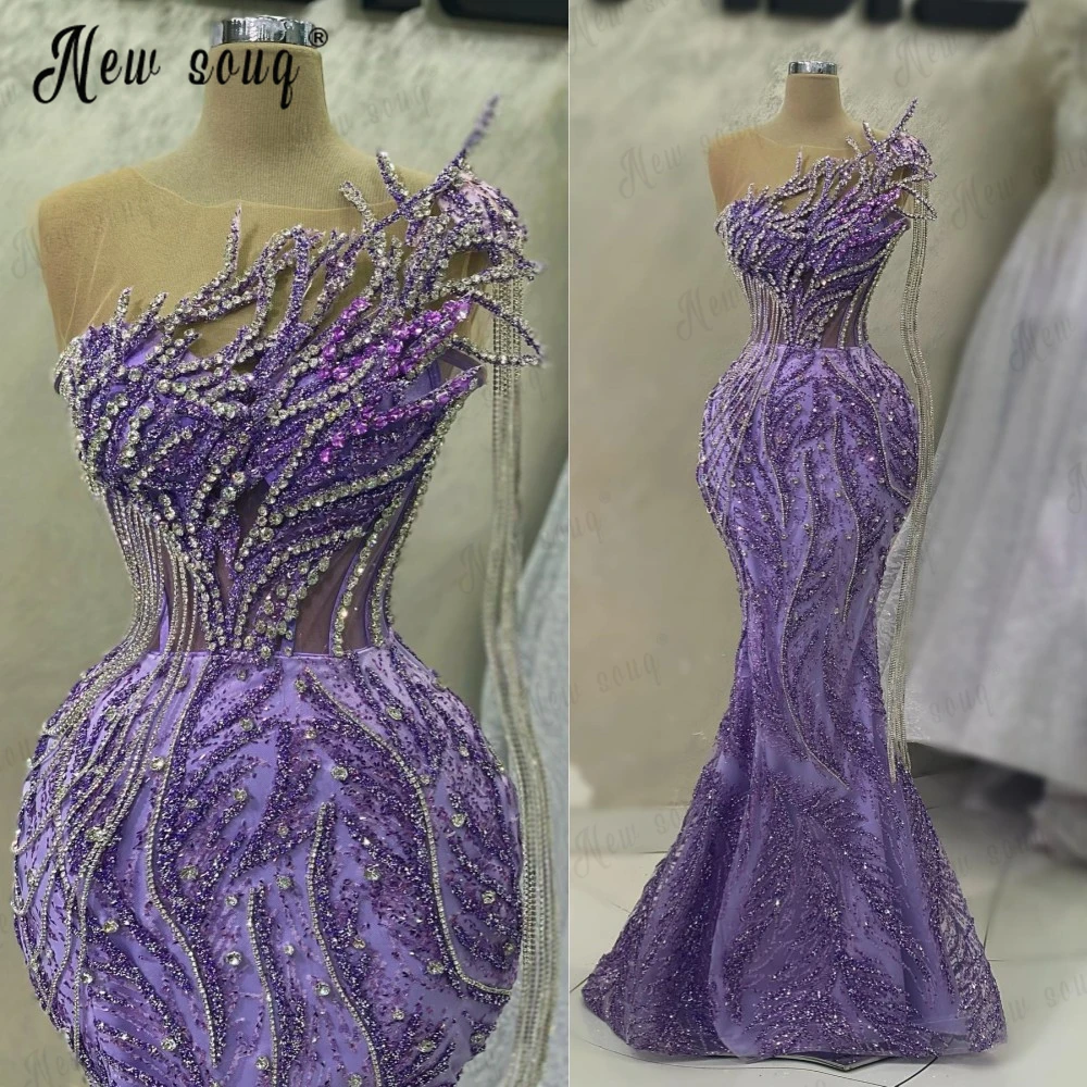 Couture Lilac One Shoulder Mermaid Cocktail Party Dress Sparkle Beaded Stones Tassels Wedding Night Gowns Asp Ebi вечернее плать