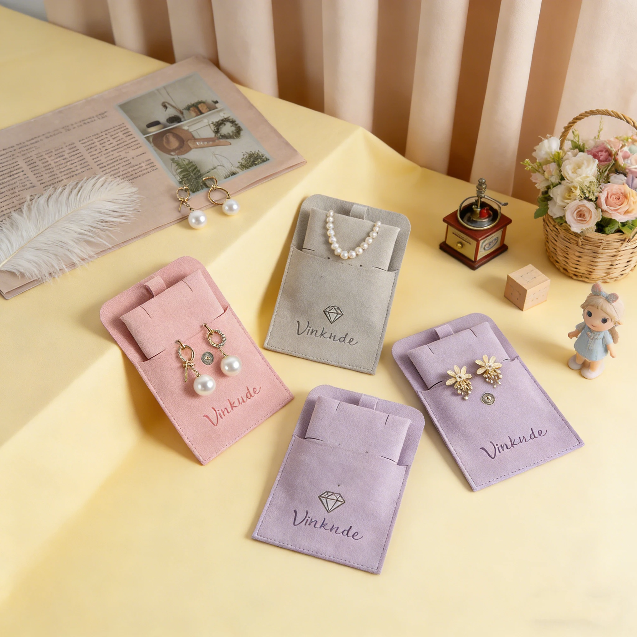 

Customized Logo 50 set Jewelery Gift Microfiber Snap Button Pouch Earrings Necklace Organizer Gift Bag with Insert Pad Card