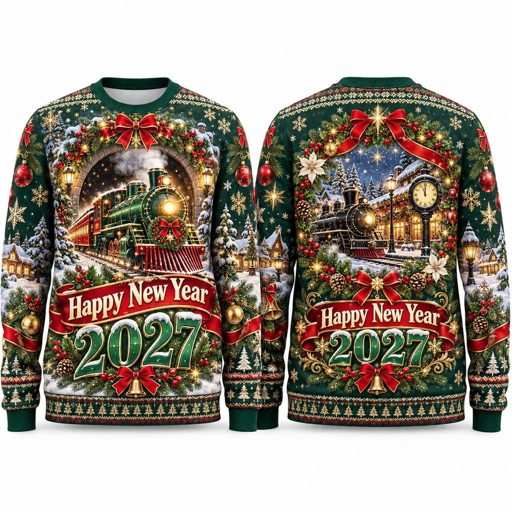 Ride into Happy New Year 2027 with Christmas Train Sweaters An Ugly Christmas Sweater Scene of Stations and Bright Gifts