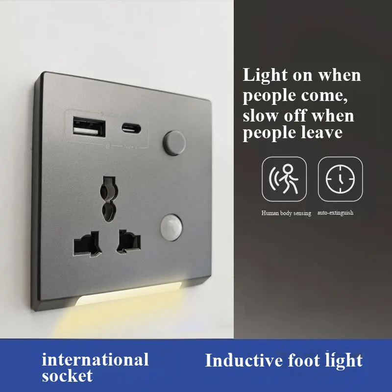 Universal Embedded British Standard Wall Socket 3/5-Pin with USB Type-C 3.1A Fast Charging And Adjustable Night Light