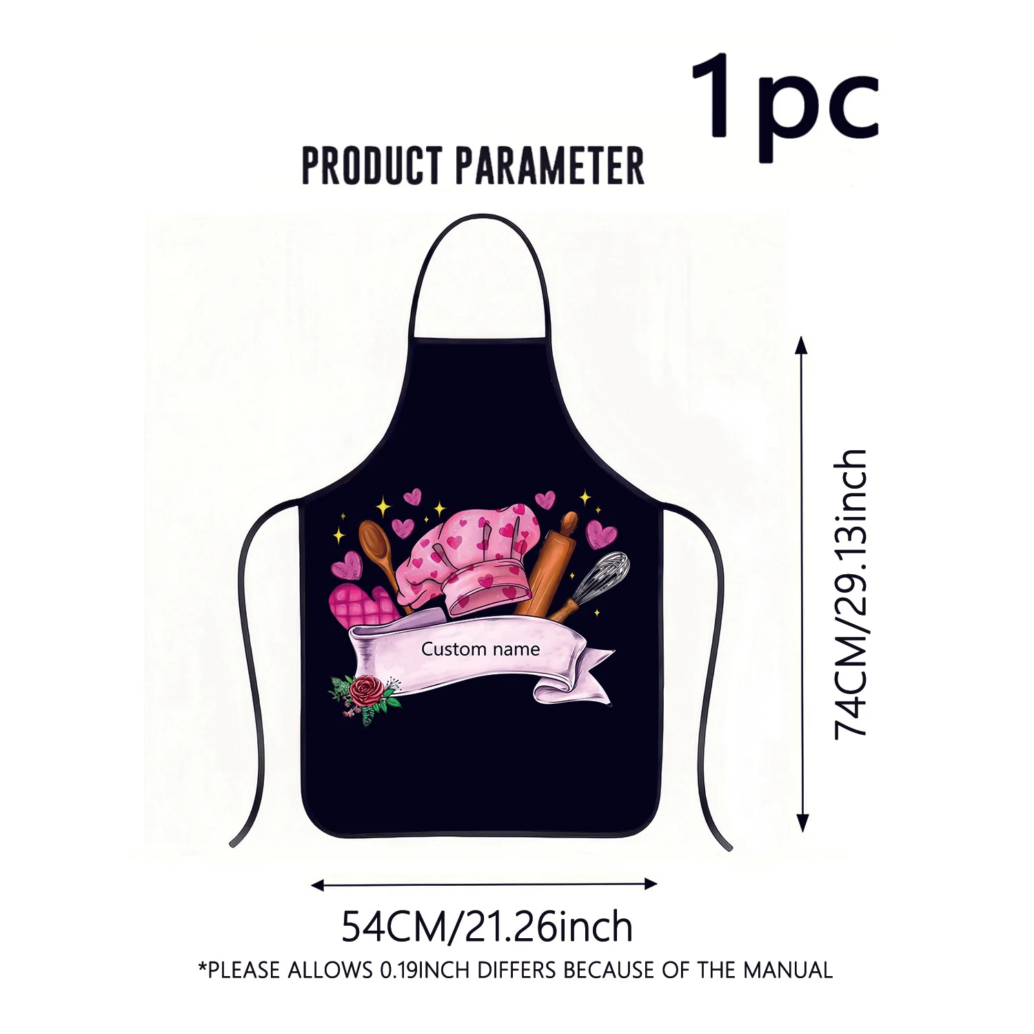 1pc Custom Text Personalized Apron - Pink Chef Theme with Kitchen Utensils, Hearts & Stars Print, Durable Polyester Sleeveless - view 3