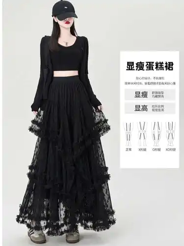 Imagen 2 del producto Faldas negras góticas Vintage para mujer, falda de trompeta de retales de encaje Grunge Fairycore, ropa de calle Punk, ropa de fiesta, faldas Emo Alt