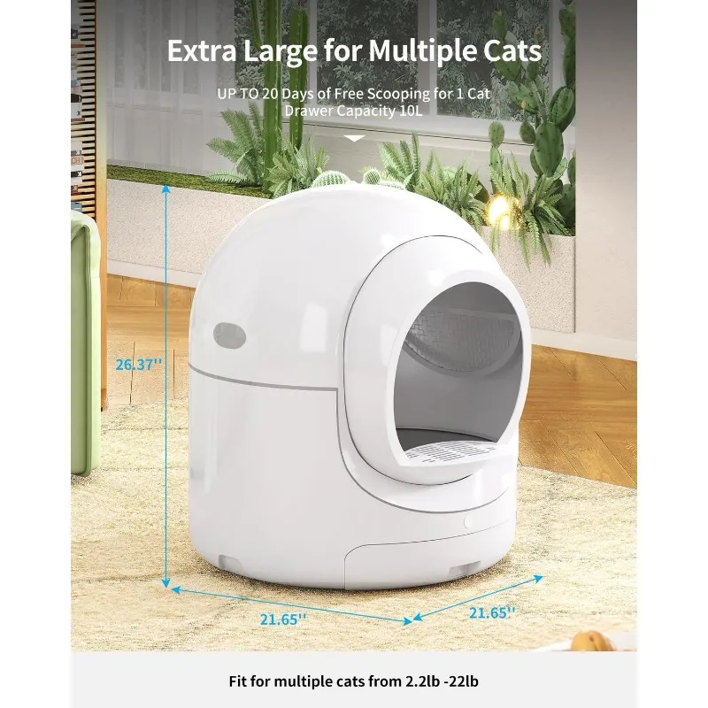 Self Cleaning Large Capacity Cat Litter Box Smart Cat Litter Box APP Control Odor Removal Safety Protection for Multiple Cat