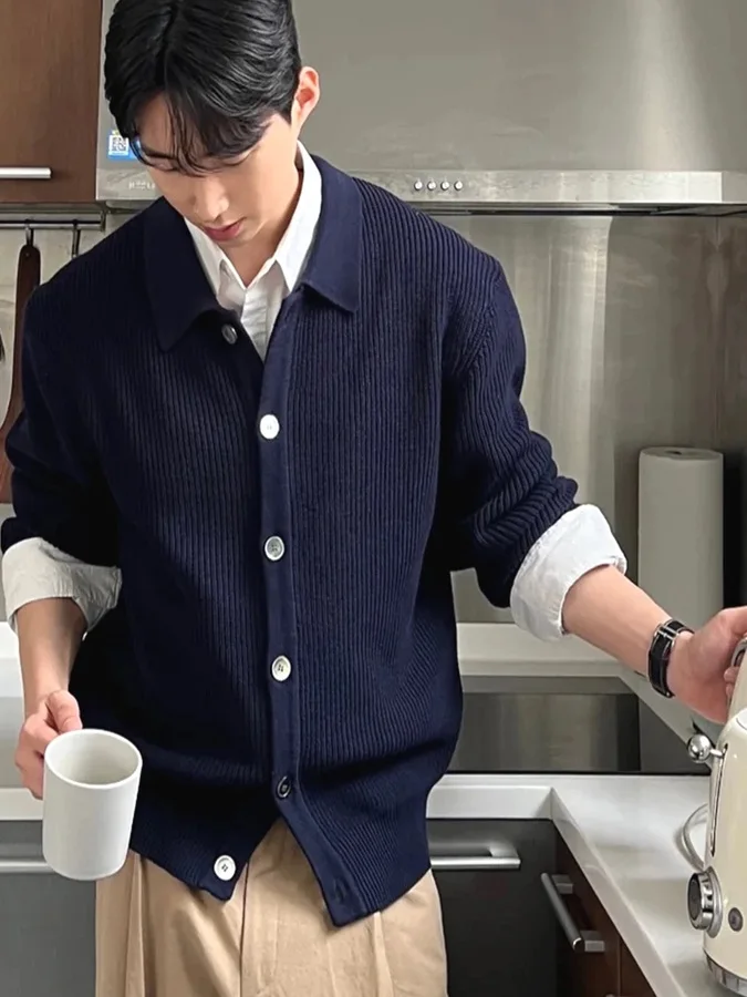 

Korean Sle Men's Knitted Cardigan Soft Woolen Texture Core-Spun Yarn Long Sve Casual Faion Workwear Jaet