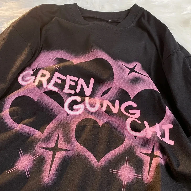 المرأة التي شيرت الحب إلكتروني الطباعة الحلو ولطيف بلوزة فضفاضة عادية تي شيرت قصير بارك الشرير قطعة علوية Y2K المرأة Harajuku س الرقبة