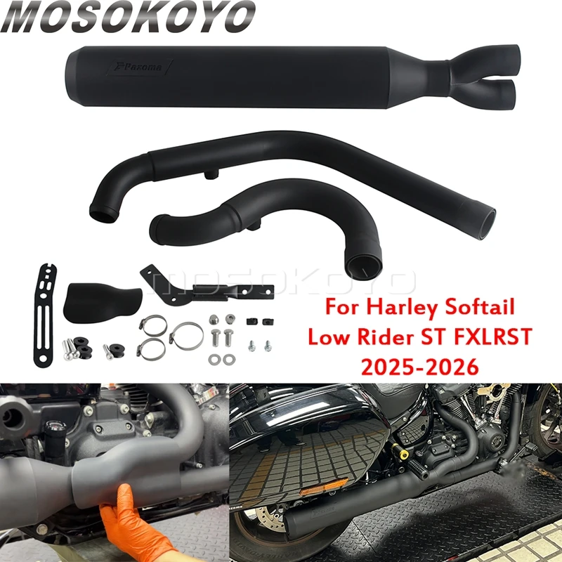 Long Exhaust System W/ Heat Shield Full Exhaust Pipe 2-in-1 Tube Muffler For Harley Softail Low Rider ST FXLRST 117 2025-2026