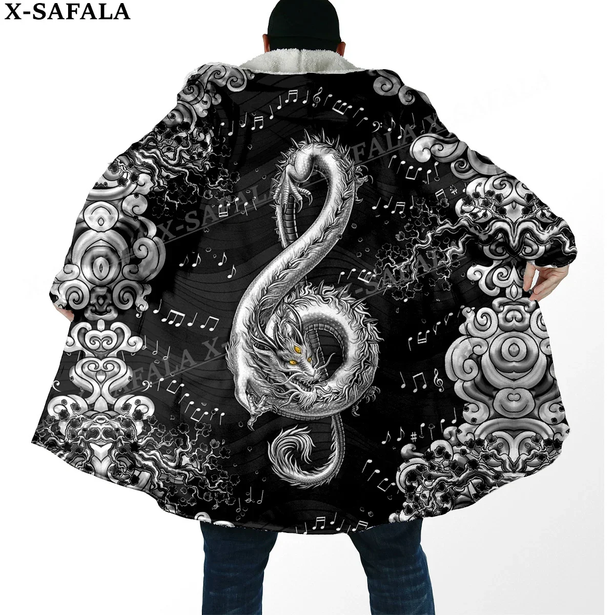 

Viking Dragon Treble Clef Music Print Thick Warm Hooded Cloak Men Overcoat Coat Windproof Fleece Cape Robe Hooded Blanket-5