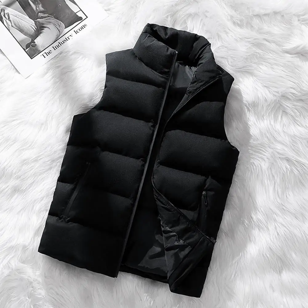 Men Vest Coat Zipper Closure Stand Collar Sleeveless Thin Waistcoat With Pockets Solid Color Windproof Vest Outwear Sports Wear