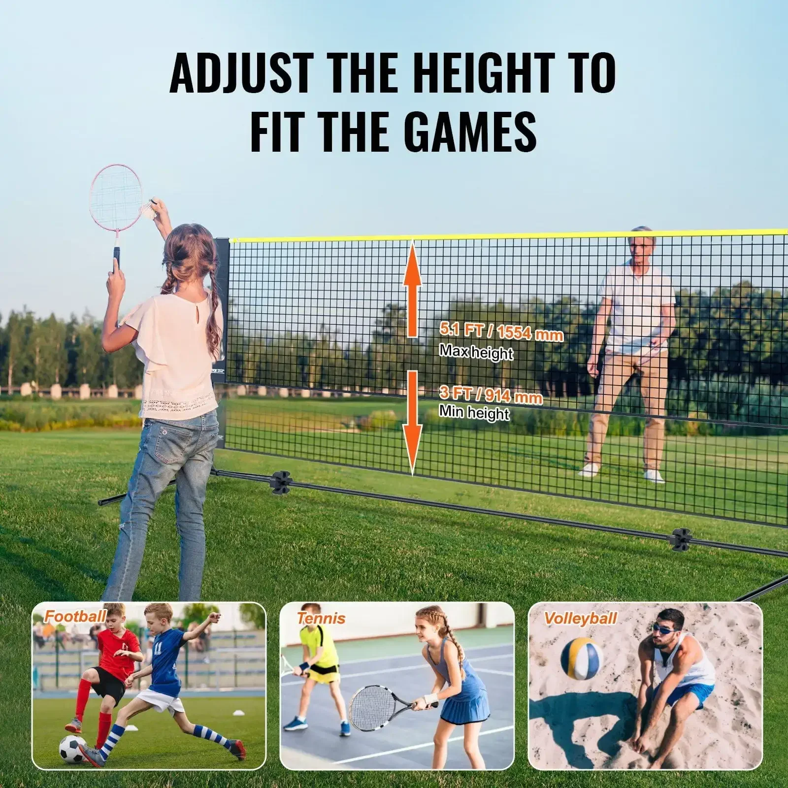 Badminton Net, Height Adjustable Volleyball Net, 14ft Wide Foldable Pickleball Net