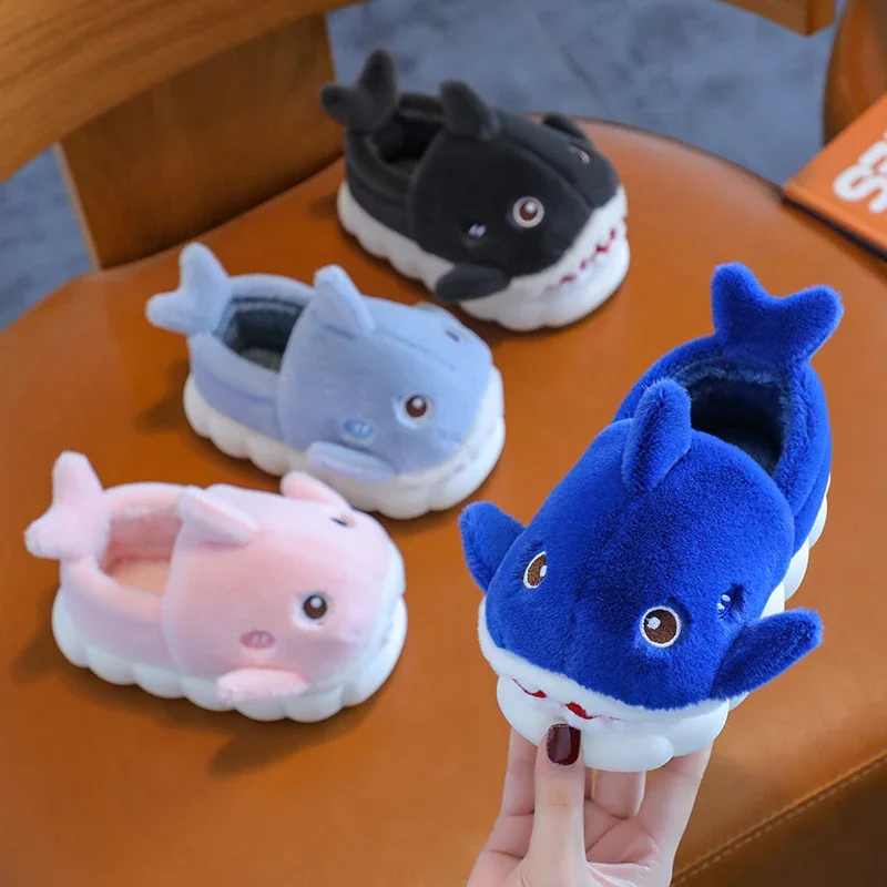 New Winter Cute Shark Cover Heel Fluffy Slippers Children's Non-slip Mule For Kids Girls Boys Baby Warm Home Cotton-padded Shoes