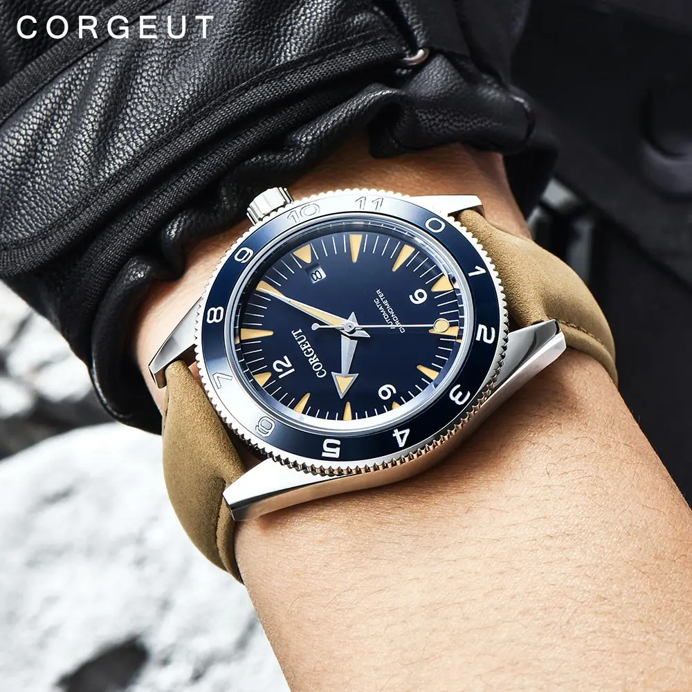 CORGEUT-Reloj de negocios de lujo para hombre, cronógrafo mecánico automático de cristal de zafiro, resistente al agua, de piel de vaca, 41mm, NH35,