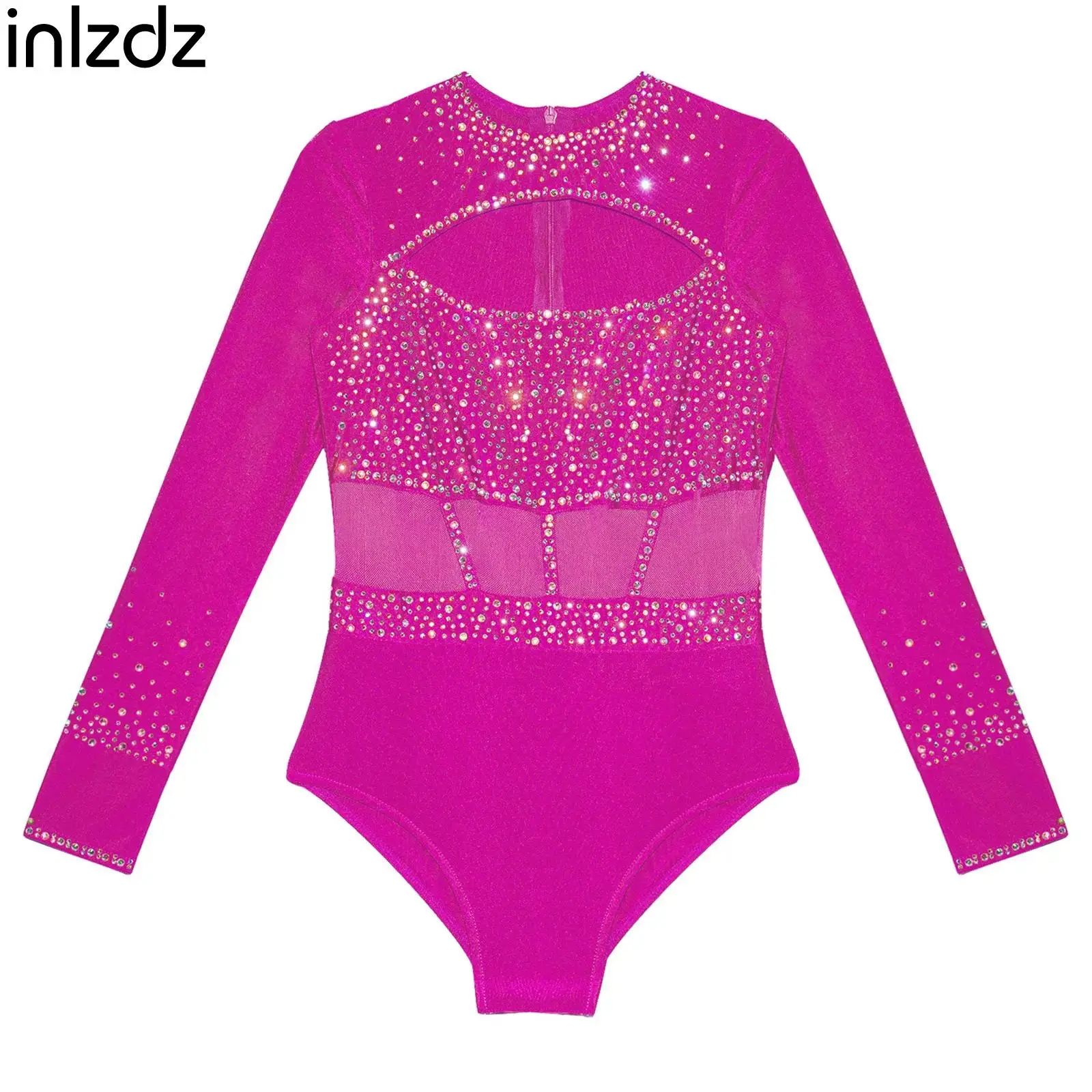 

Girls Long Sleeve Cutout Front Leotard Rhinestones Ballet Dance Gymnastic Active Tank Unitard Bodysuit Training Skating Swimwear