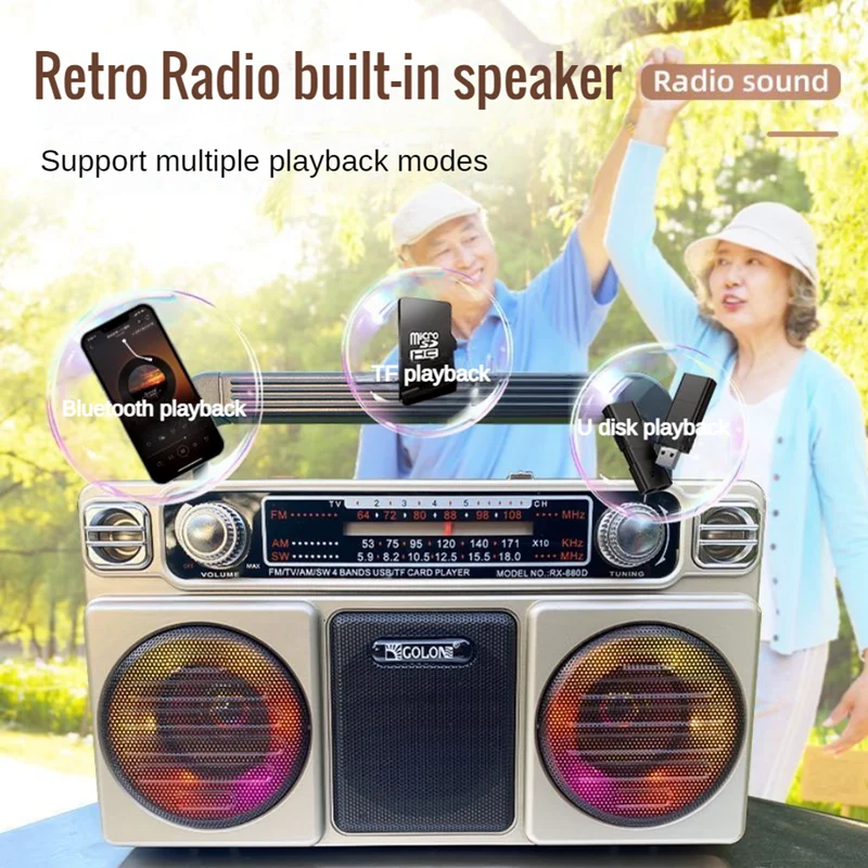 RX-880D Portable Wireless Bluetooth Speakers with Disco Light Vintage Multifunction FM TV AM SW 4 Bands Radio U Disk TF Boombox