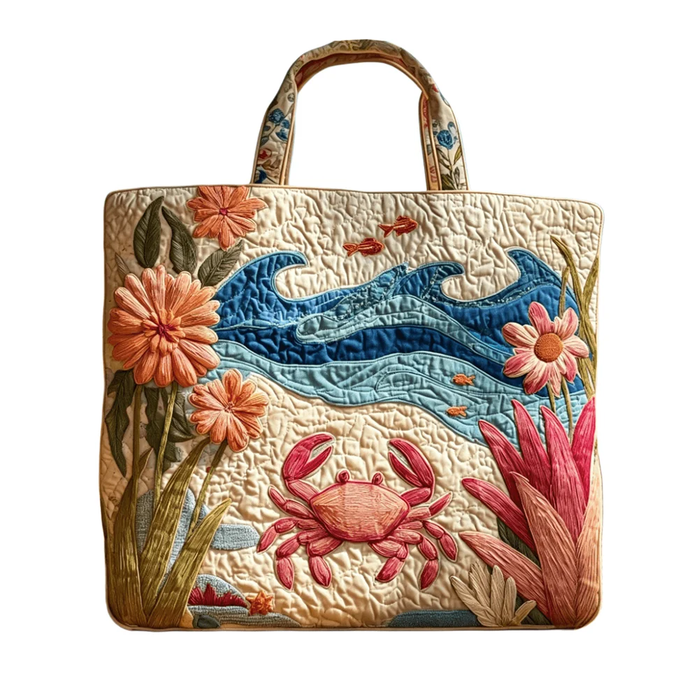 

Summer Coastal Quilted Tote Bag Crab Wave Floral Design Large Capacity Shoulder Handbag for Shopping Travel