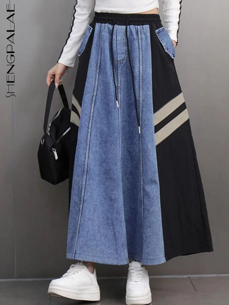 SHENGPALAE Women Spliced Denim Skirt Casual Niche Design Pockets Elastic Waist Color Block A-line Skirts 2025 Spring New 5G611