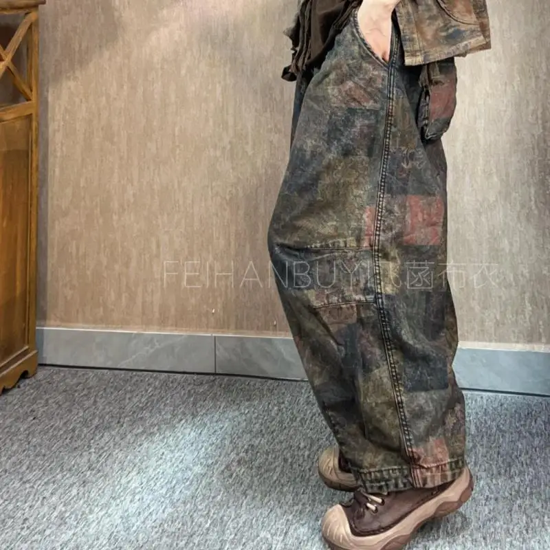 New Arrival Spring Autumn Arts Style Women Elastic Waist Cotton Denim Harem Jeans Vintage Tie Dye Loose Jeans High Quality HX801