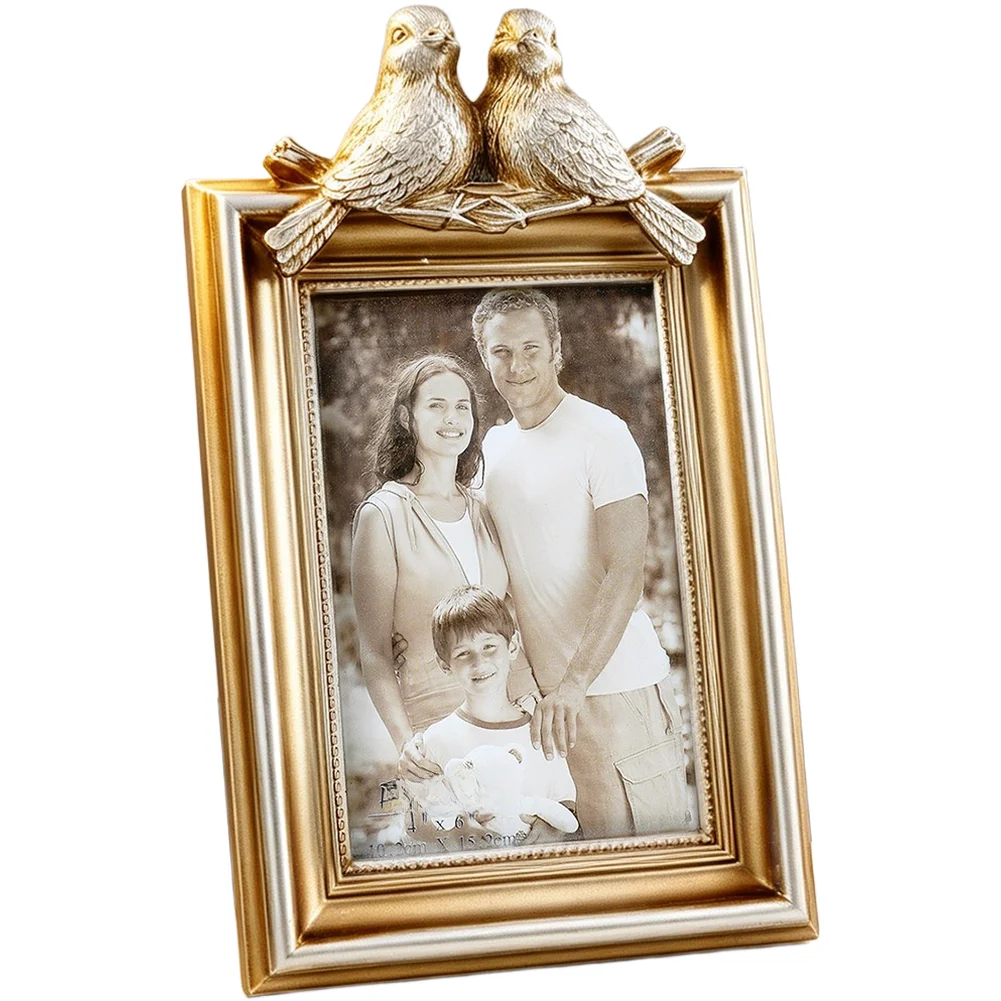 Vintage Silver Resin Frame with Gold Carved Floral Border and Two Birds Silhouette for Home Decor and Gifting Alternatives