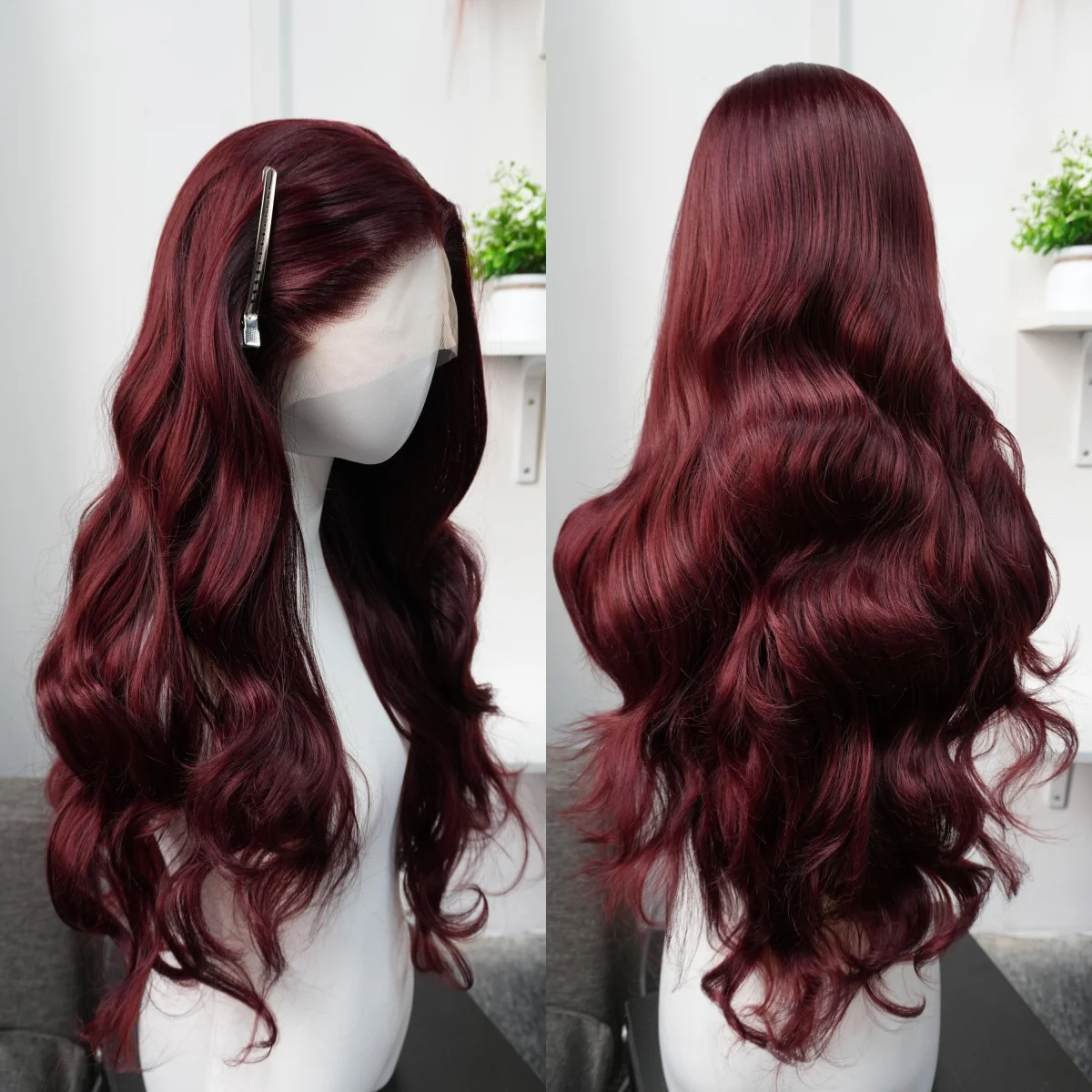 

Burgundy Body Wave Lace Front Wig for Women Long 13x4 HD Lace 26inch Lolita Cosplay Wear and Go Glueless Synthetic Lace Wigs