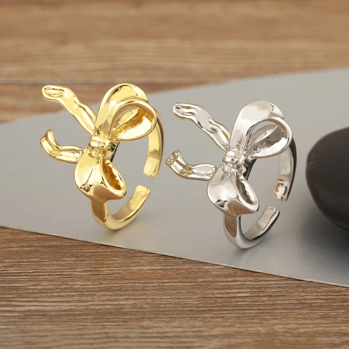 Nidin New Fashion Bowknot Shape Copper Open Rings Adjustable For Women Female Aesthetic Finger Jewelry Wholesale Accessories