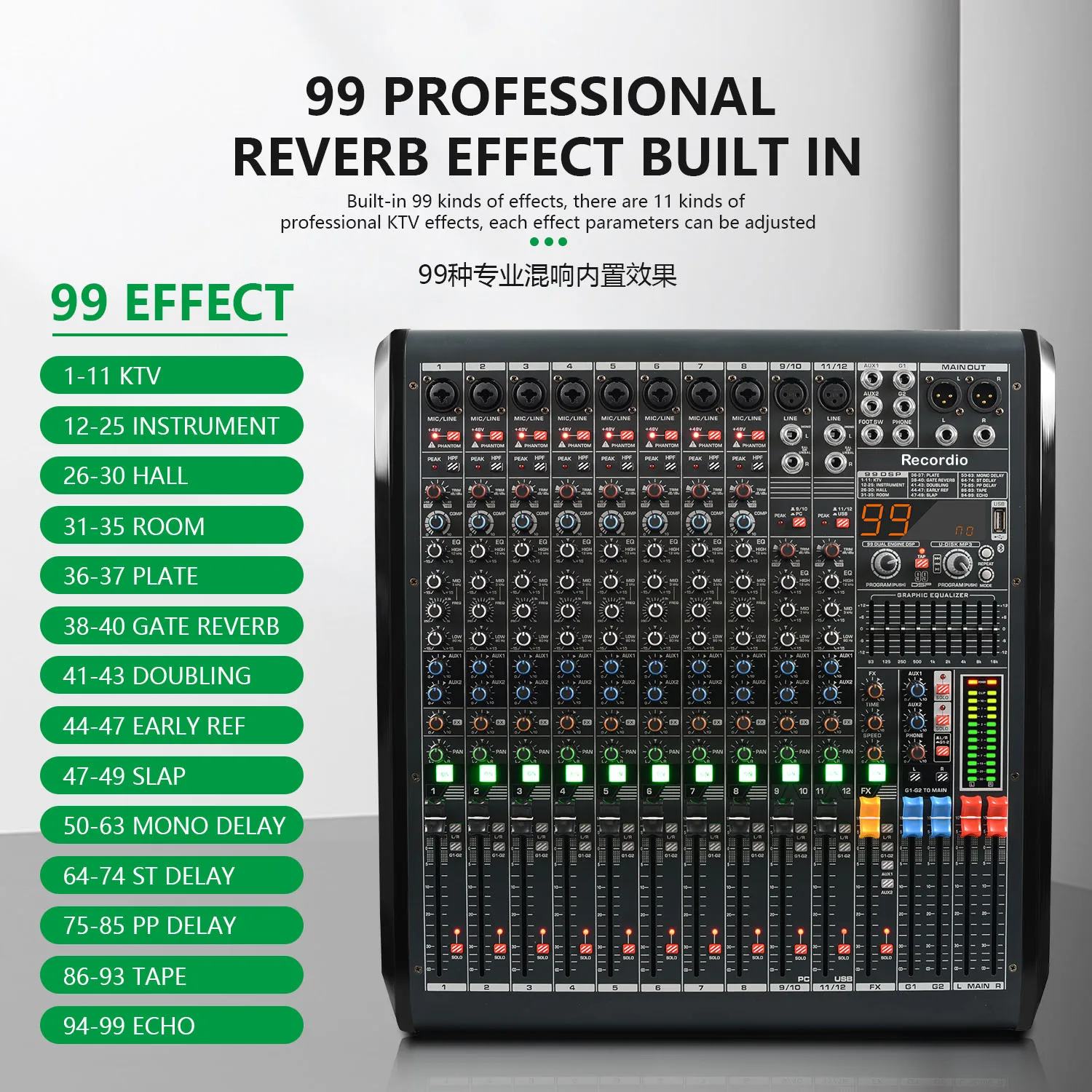 GAX-RWS16 16 Channel Sound Mixer Audio Mixing Console 48V 99DSP Professional USB PC Play Record Podcast Live Broadcast - view 6