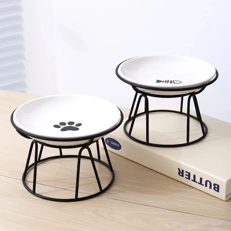 

Elevated Cat Dog Bowl Set - Ceramic Pet Dishes with Paw Fishbone Design, Non-Slip Stand for Food Water Feeder, Wholesale Availab